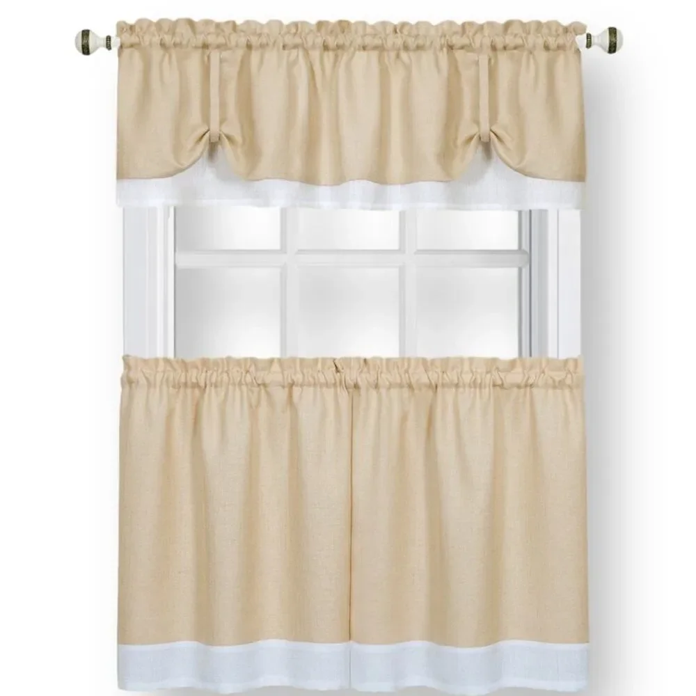 Woven Trends Two-Tone Window Curtain Tier Pair & Valance Set, Double Layer Small